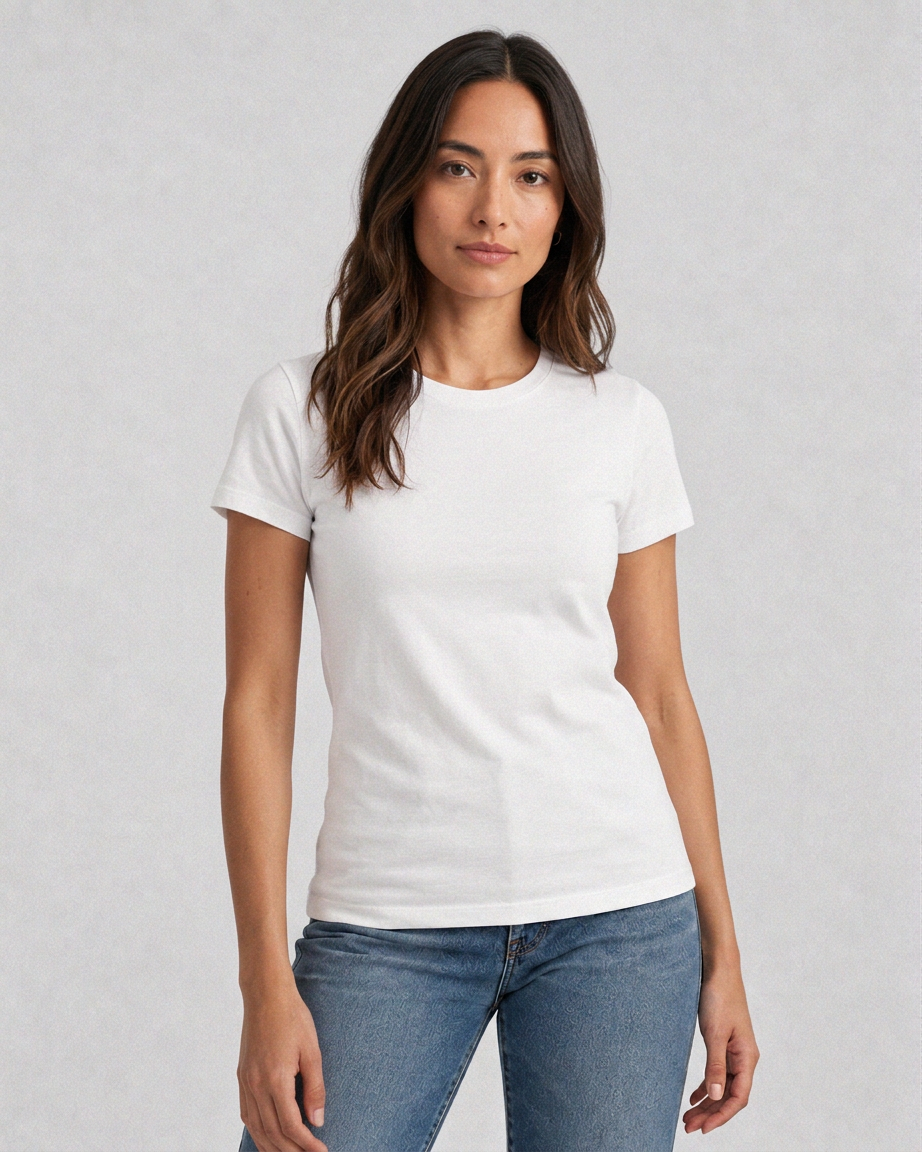 Woman wearing the hybrid fitted tee