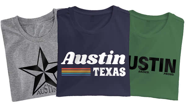 A series of Austin-inspired T-shirts, with a grey shirt sporting a large star, a navy shirt with retro typography, and a green shirt with bold lettering.