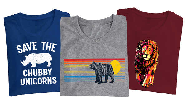 Three t-shirts with animal themes; blue with 'SAVE THE CHUBBY UNICORNS' and a rhino, gray with a bear silhouette against a rainbow stripe, and maroon with a vivid lion's face.