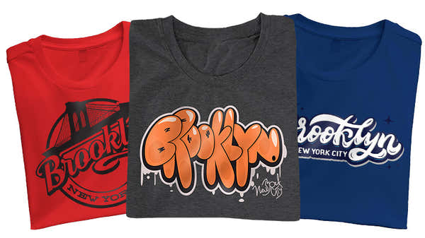 Assorted T-shirts with bold Brooklyn-themed graphics, celebrating the unique vibe of New York City's renowned borough.