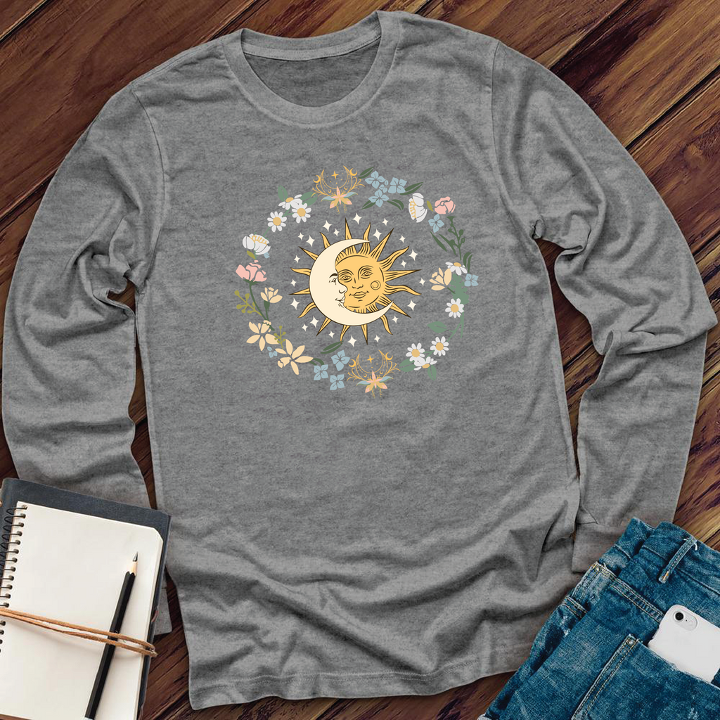 Floral Moon and Sun Long Sleeve Long Sleeve Tshirts.com Athletic Heather S 