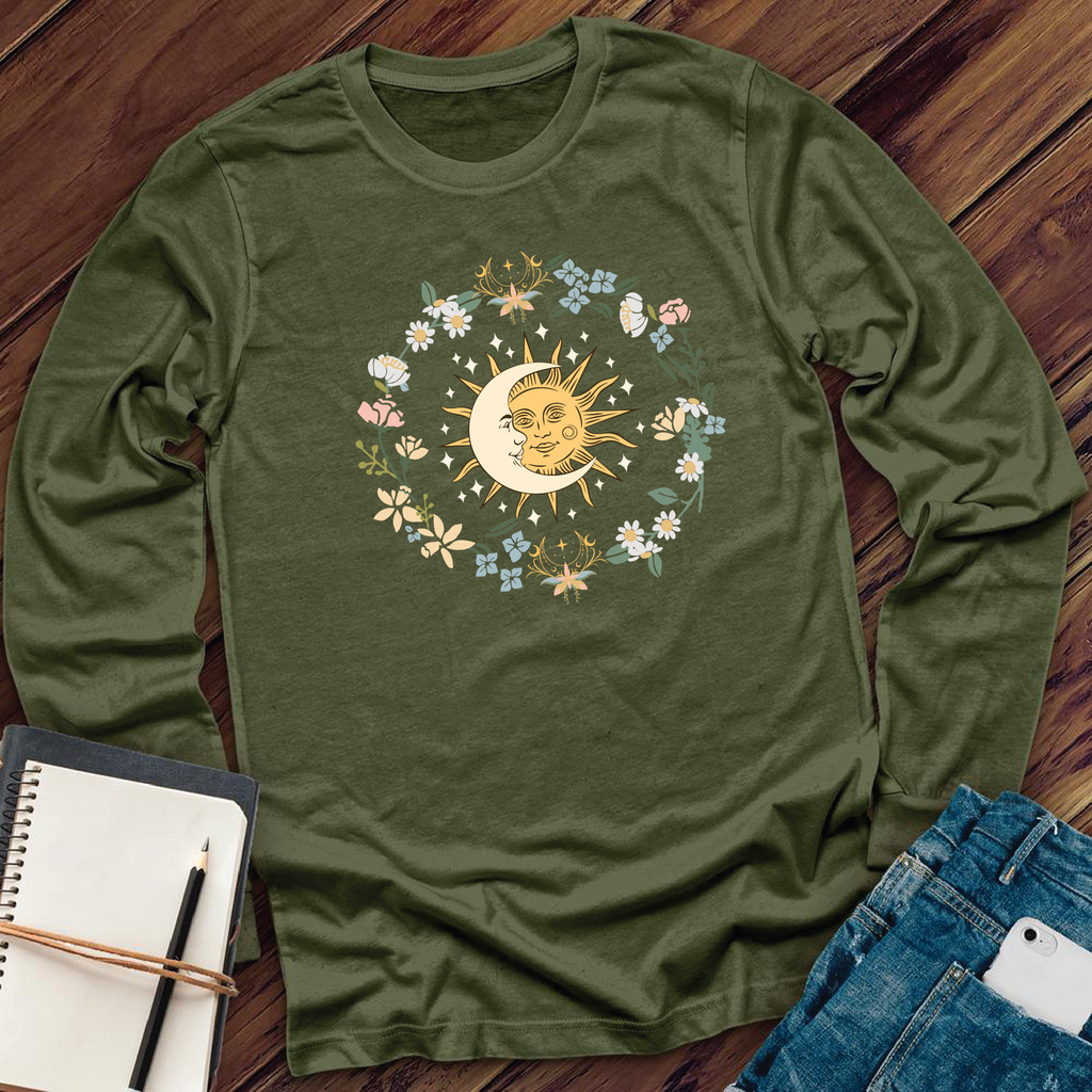 Floral Moon and Sun Long Sleeve Long Sleeve Tshirts.com Military Green S 