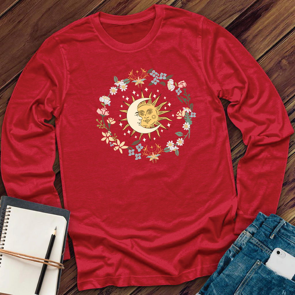 Floral Moon and Sun Long Sleeve Long Sleeve Tshirts.com Red S 