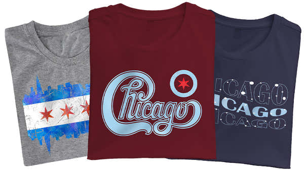 Assortment of Chicago-inspired t-shirts featuring graphic designs of the city skyline and iconic symbols in various colors.