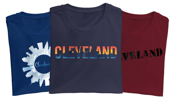 A trio of Cleveland-themed T-shirts in blue, navy, and maroon, showcasing city pride and iconic graphics.