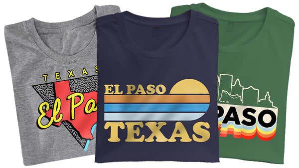 A lineup of El Paso-themed t-shirts in gray, navy, and green, each featuring bold and colorful designs celebrating the unique culture of El Paso.