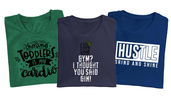 Three workout-themed t-shirts; green with 'chasing toddlers is my cardio,' charcoal saying 'GYM? I thought you said GIN!' and blue with 'HUSTLE GRIND AND SHINE.'