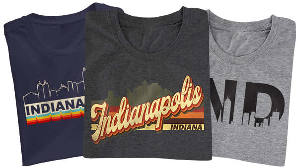 An array of Indianapolis-themed t-shirts in navy blue, charcoal, and gray, each featuring distinct city-inspired graphics and lettering.