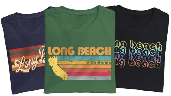 Banner showcasing a variety of Long Beach, California, inspired t-shirts in navy, green, and black, each with unique, vibrant designs celebrating the coastal city.