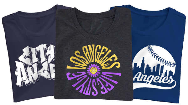 Banner displaying a trio of Los Angeles-inspired t-shirts with artistic text and graphics, showcasing city pride in navy, heather, and royal blue.