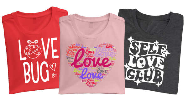 Three love-themed t-shirts; red with "LOVE BUG" and a ladybug, pink with a heart made of the word "love" in various fonts, and charcoal with "SELF LOVE CLUB" in bold white letters.