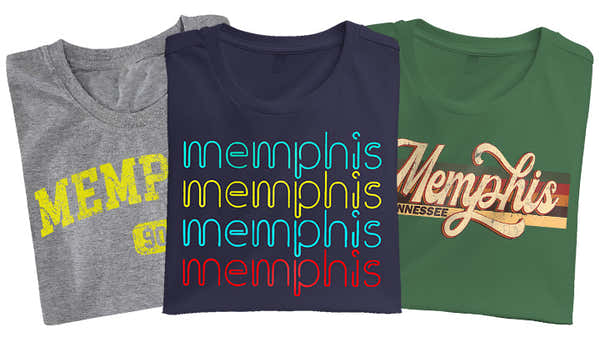 Three t-shirts celebrating Memphis; heather gray with distressed 'MEMPHIS 901,' navy with 'memphis' in a multicolored repeat design, and green with 'Memphis Tennessee' in vintage script.