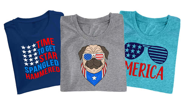 Three sleeveless t-shirts for the 4th of July; navy with 'TIME TO GET STAR SPANGLED HAMMERED,' gray with a pug in American flag sunglasses, and blue with 'MERICA' and flag shades.