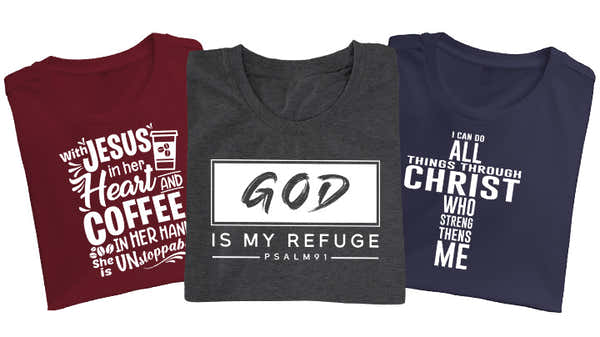 Three religious-themed t-shirts; maroon with "Jesus and coffee" quote, charcoal with "GOD IS MY REFUGE - PSALM 91," and navy with "ALL THINGS THROUGH CHRIST" text.