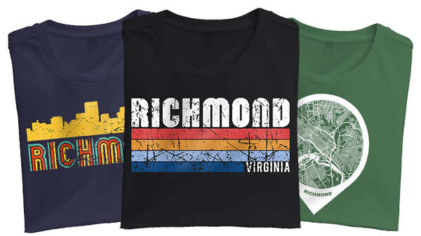 Banner displaying three folded t-shirts with Richmond themes: navy with yellow skyline, black with 'RICHMOND VIRGINIA' over retro stripes, and green with a white map inside a pin shape.