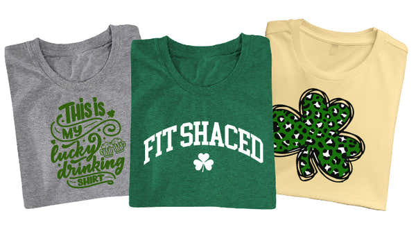 Three St. Patrick's Day-themed t-shirts; heather gray with "This is my lucky drinking shirt" in green, dark green with "FIT SHACED" and a shamrock, and cream with a large shamrock patterned with smaller shamrocks.