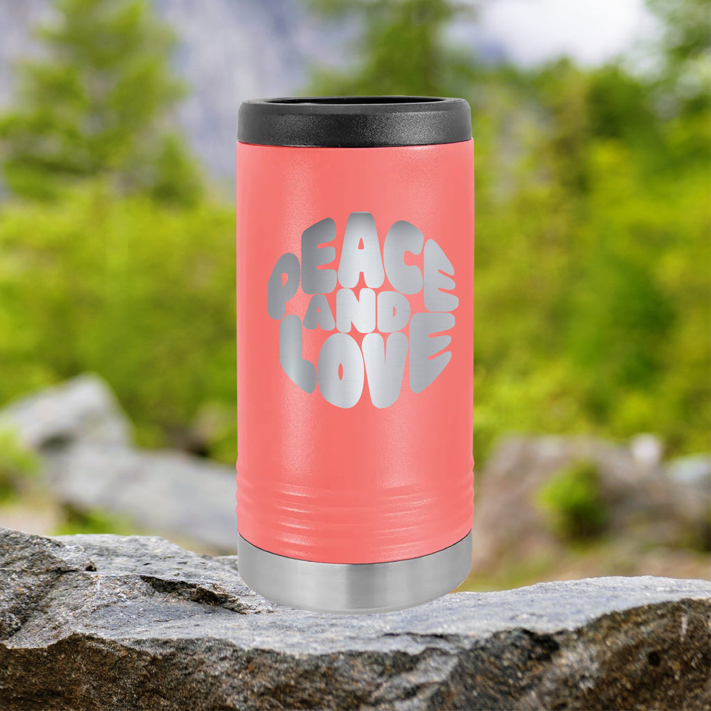 Peace and Love Slim Can Tumbler Drinkware Tshirts.com Coral  