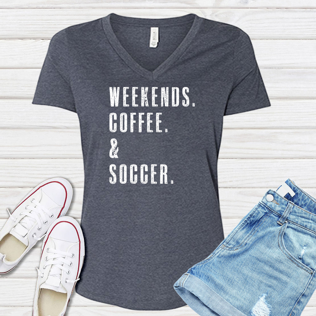 Weekends Coffee & Soccer V-Neck V-Neck tshirts.com Heather Navy S 