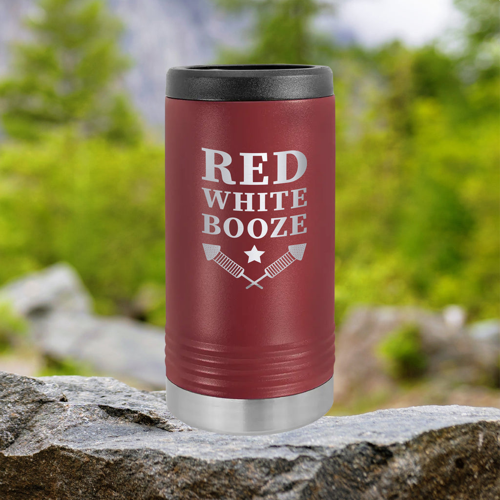 Red, White, Booze Slim Can Tumbler Drinkware Tshirts.com Maroon  