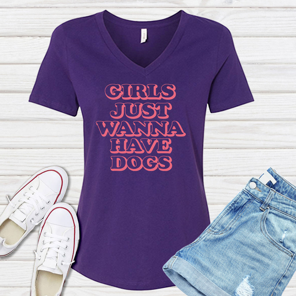 Girls Just Wanna Have Dogs V-Neck V-Neck tshirts.com Team Purple S 