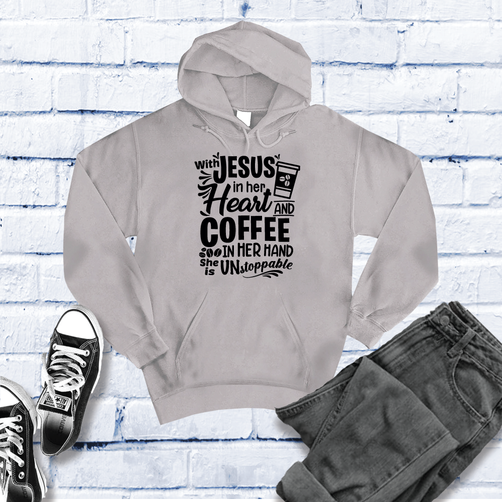 With Jesus In Her Heart And Coffee In Her Hand Hoodie Hoodie tshirts.com Grey Heather S 