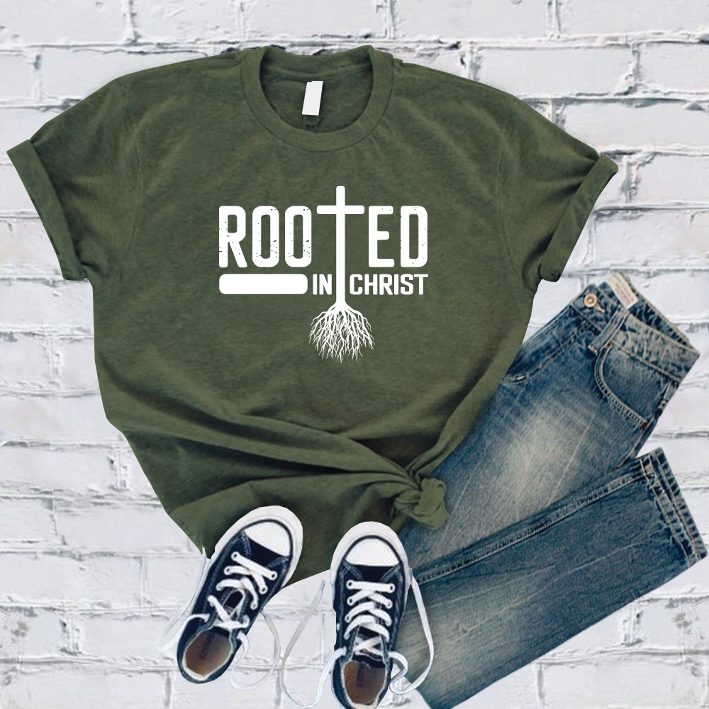 Rooted In Christ T-Shirt T-Shirt tshirts.com Military Green S 