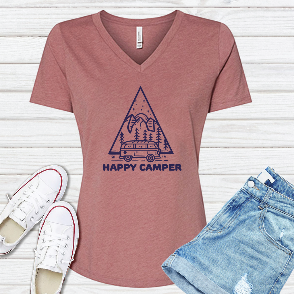 Happy Camper V-Neck V-Neck tshirts.com Heather Mauve S 