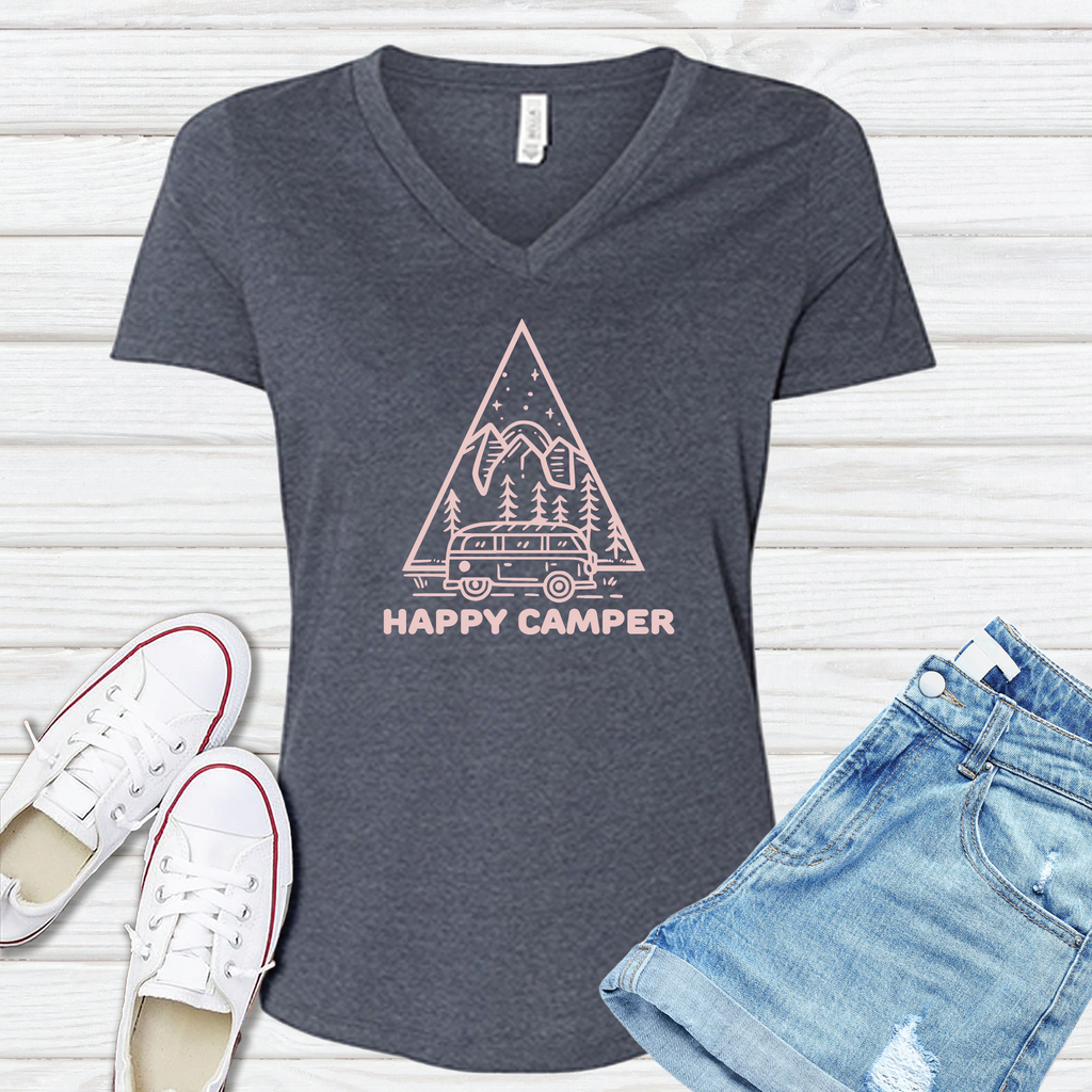 Happy Camper V-Neck V-Neck tshirts.com Heather Navy S 