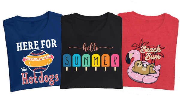 Three summer-themed t-shirts displayed side by side: blue with 'Here for the Hotdogs' design, black with colorful 'hello SUMMER' popsicle design, and red featuring a 'Beach Bum' sloth in a flamingo floatie.