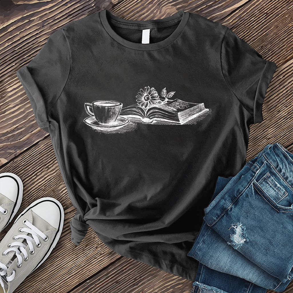 Coffee, Book, and Flower T-Shirt T-Shirt Tshirts.com Dark Grey Heather S 