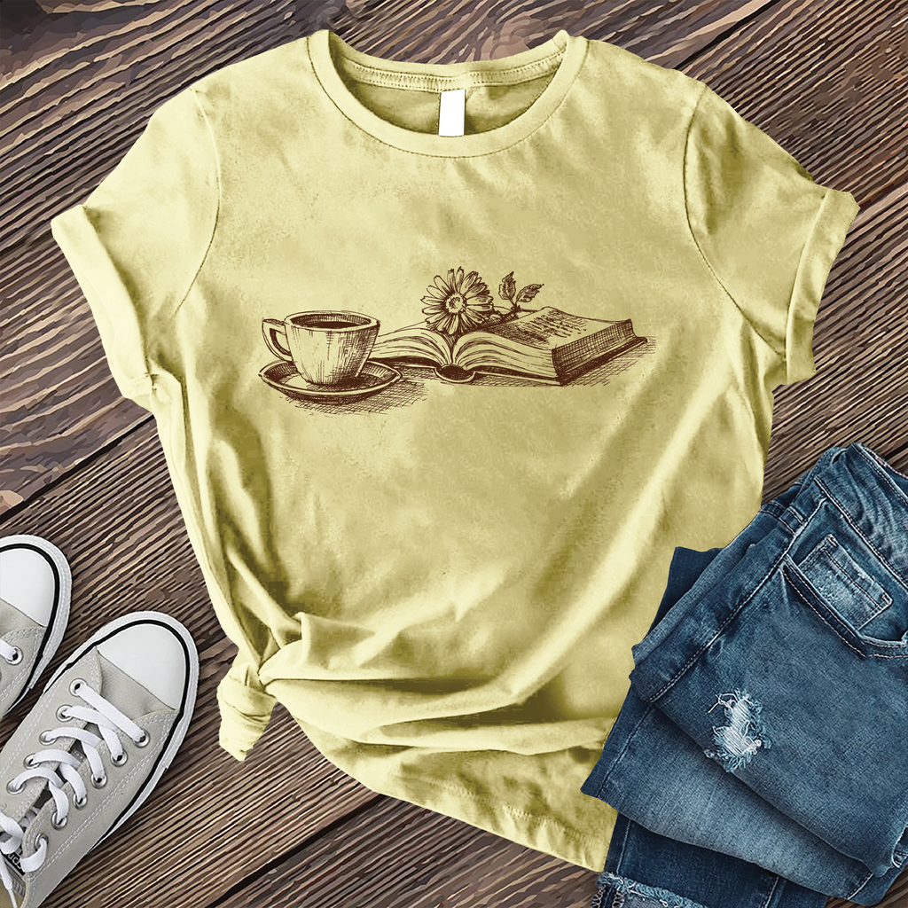 Coffee, Book, and Flower T-Shirt T-Shirt Tshirts.com Heather French Vanilla S 