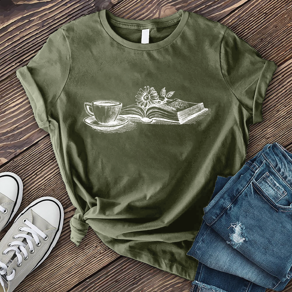 Coffee, Book, and Flower T-Shirt T-Shirt Tshirts.com Military Green S 