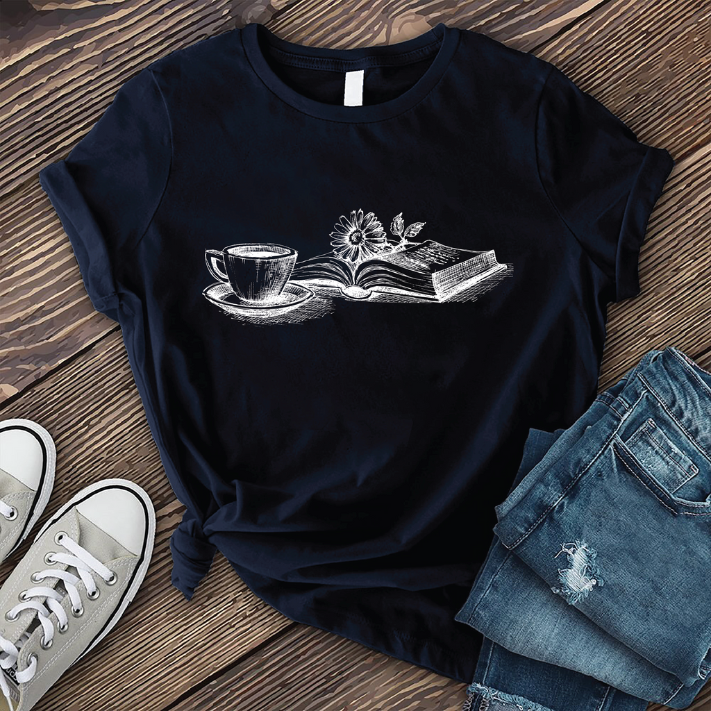 Coffee, Book, and Flower T-Shirt T-Shirt Tshirts.com Navy S 
