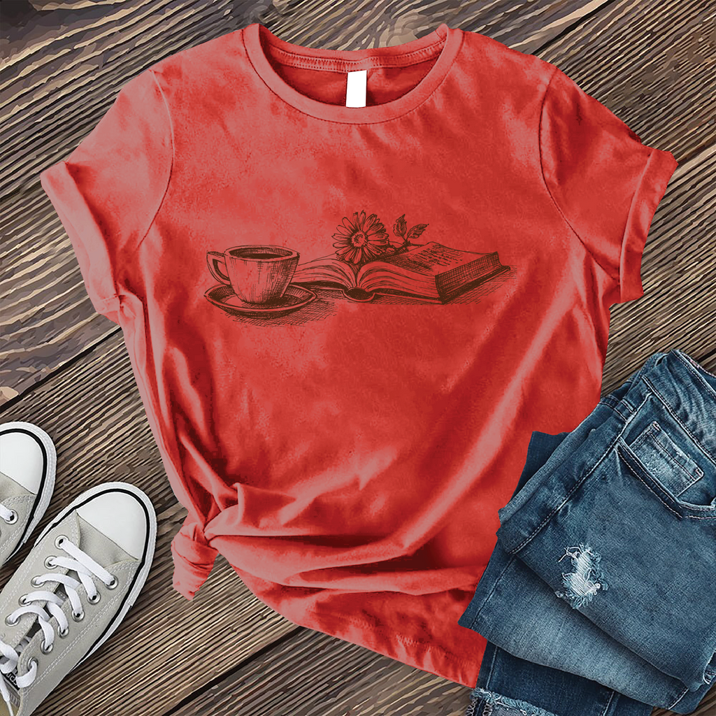Coffee, Book, and Flower T-Shirt T-Shirt Tshirts.com Red S 