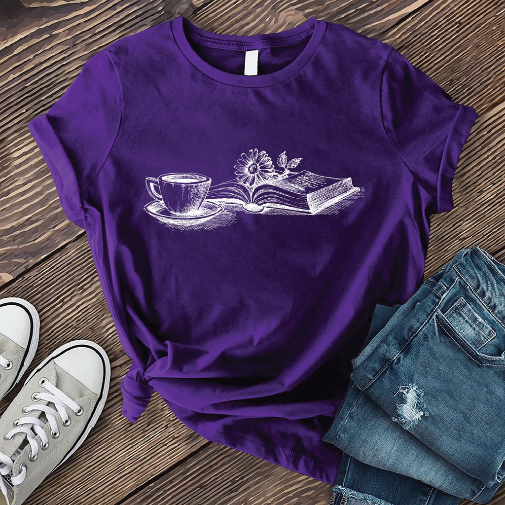 Coffee, Book, and Flower T-Shirt T-Shirt Tshirts.com Team Purple S 