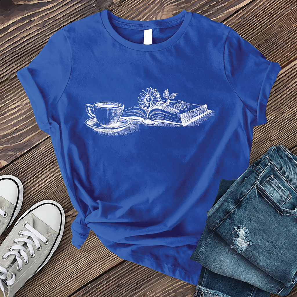 Coffee, Book, and Flower T-Shirt T-Shirt Tshirts.com True Royal S 
