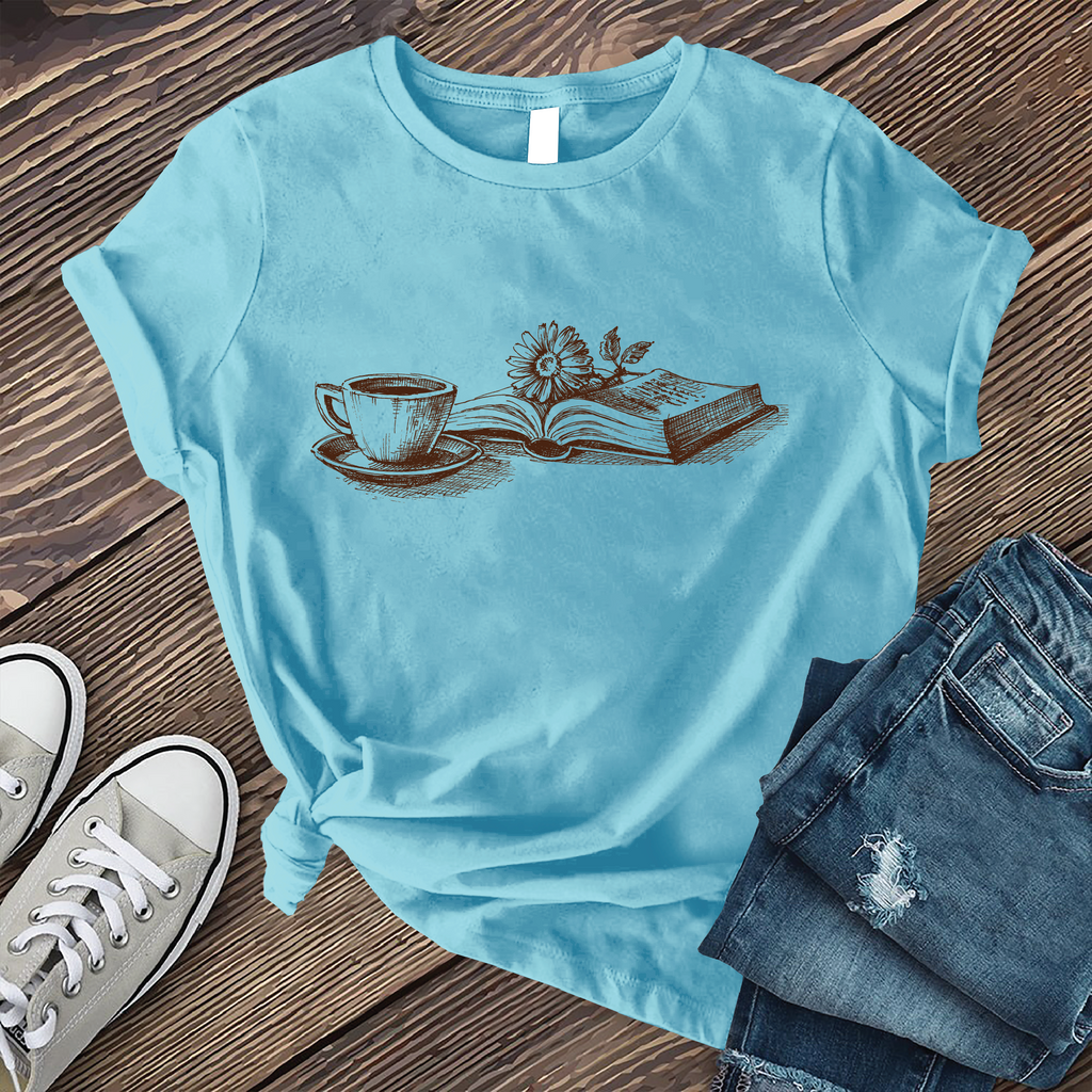 Coffee, Book, and Flower T-Shirt T-Shirt Tshirts.com Turquoise S 
