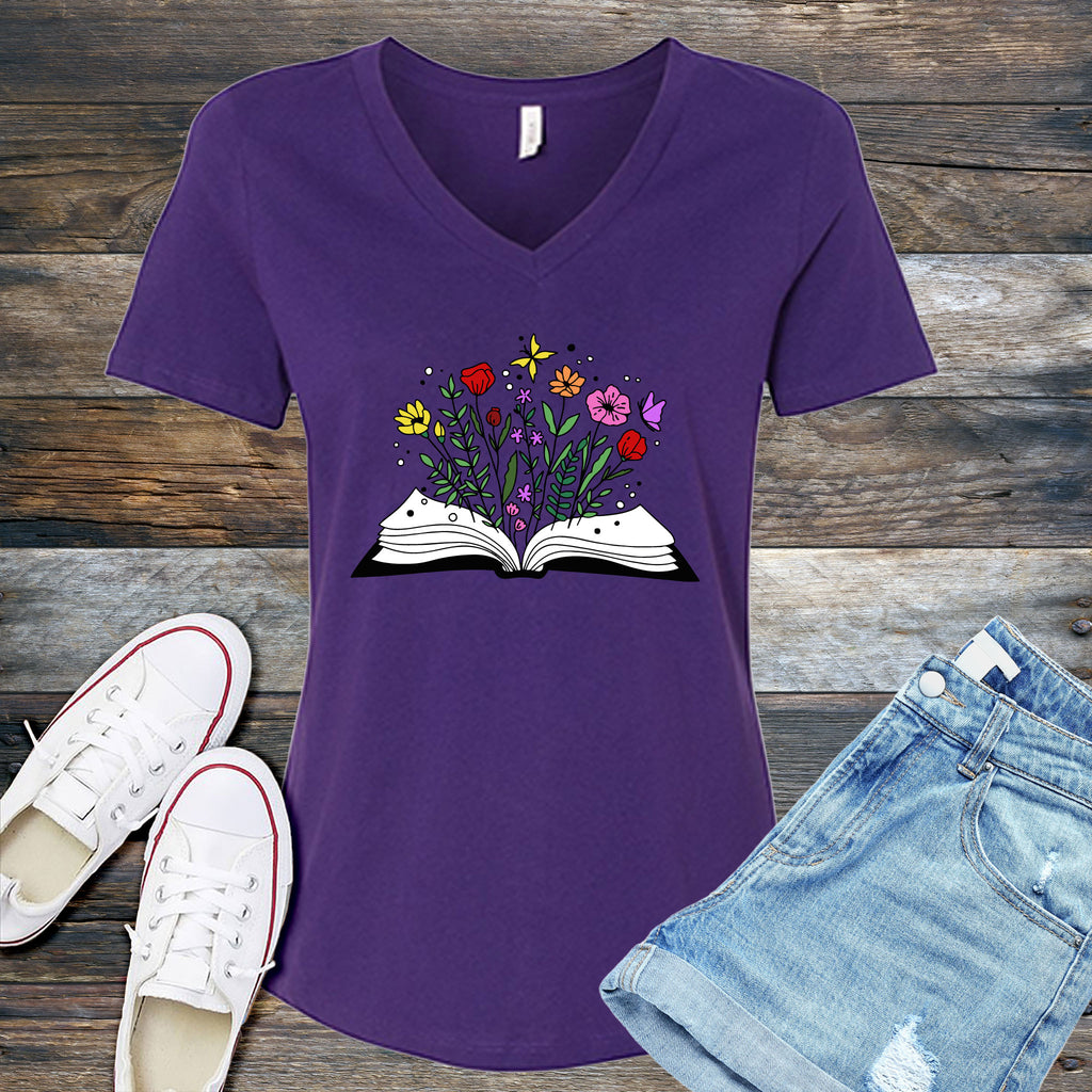 Floral Book V-Neck V-Neck tshirts.com Team Purple S 