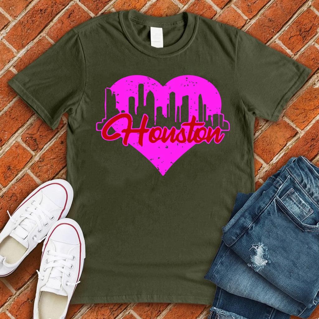 Houston Skyline Heart T-Shirt T-Shirt tshirts.com Military Green S 