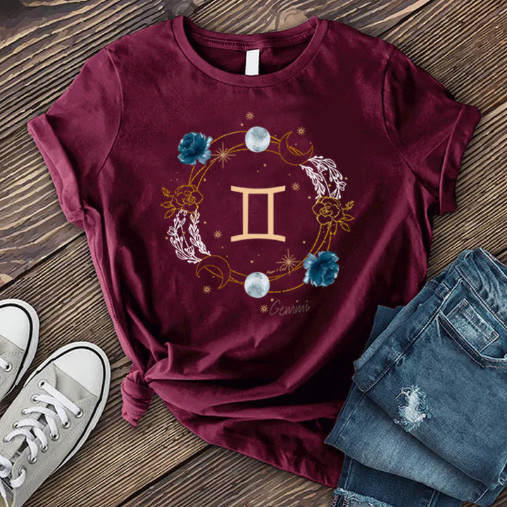 Gemini Symbol Floral Circle T-Shirt T-Shirt Tshirts.com Maroon S 