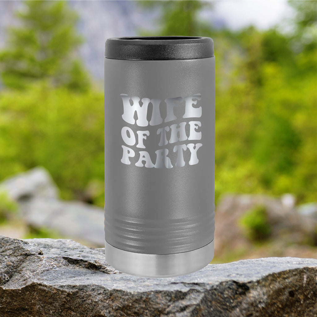 Wife Of The Party Slim Can Koozie Drinkware Tshirts.com Dark Gray  
